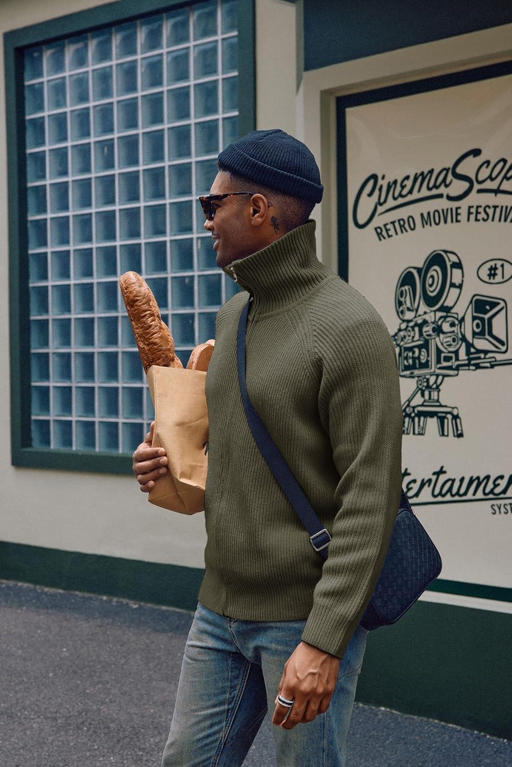 imagePJ PAUL JONES Mens Full Zip Cardigan Sweaters Unisex Relax Fit Lapel Collar Raglan Sleeve Casual Ribbed SweaterArmy Green