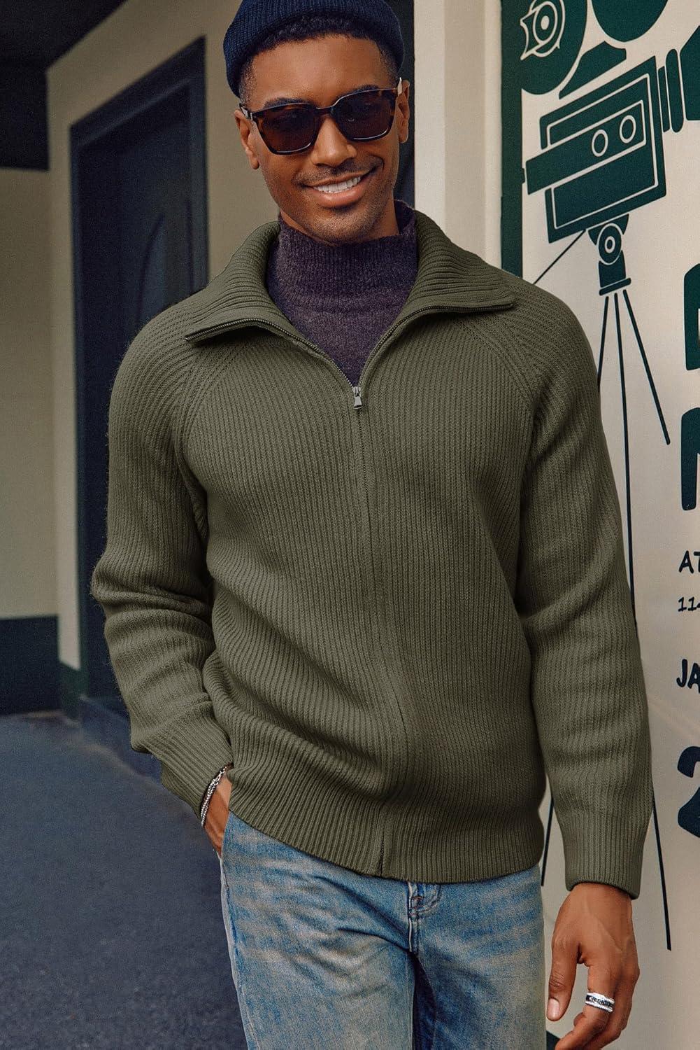 imagePJ PAUL JONES Mens Full Zip Cardigan Sweaters Unisex Relax Fit Lapel Collar Raglan Sleeve Casual Ribbed SweaterArmy Green