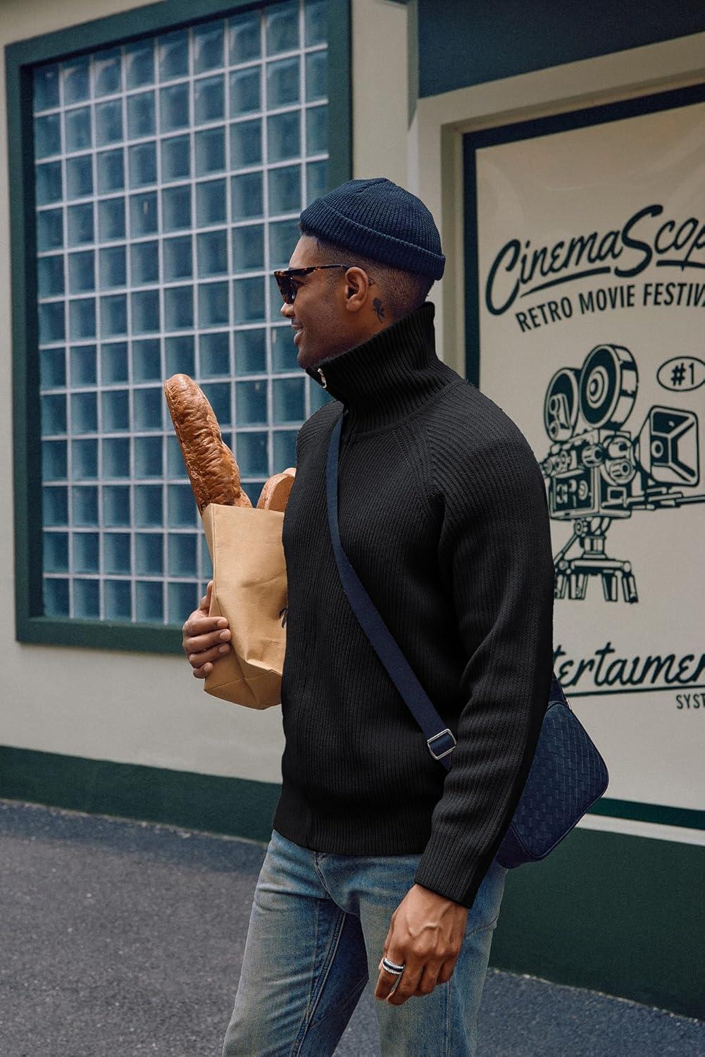 imagePJ PAUL JONES Mens Full Zip Cardigan Sweaters Unisex Relax Fit Lapel Collar Raglan Sleeve Casual Ribbed SweaterBlack