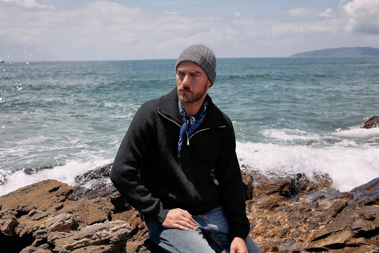 imagePJ PAUL JONES Mens Full Zip Cardigan Sweaters Unisex Relax Fit Lapel Collar Raglan Sleeve Casual Ribbed SweaterBlack