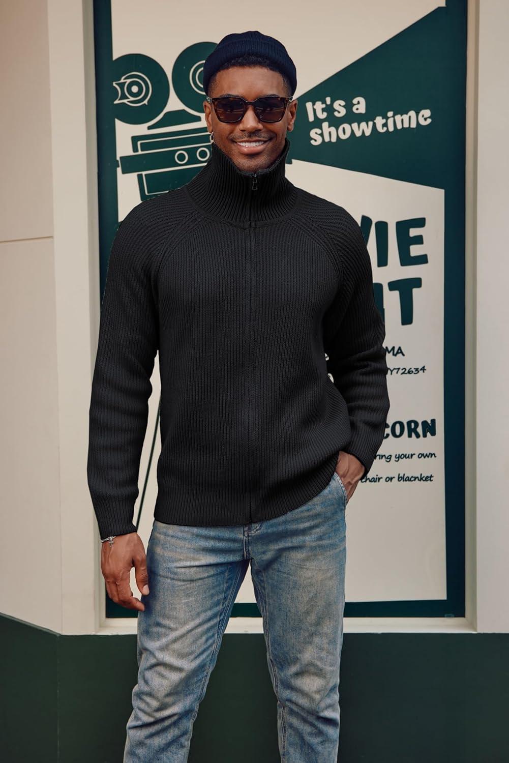 imagePJ PAUL JONES Mens Full Zip Cardigan Sweaters Unisex Relax Fit Lapel Collar Raglan Sleeve Casual Ribbed SweaterBlack