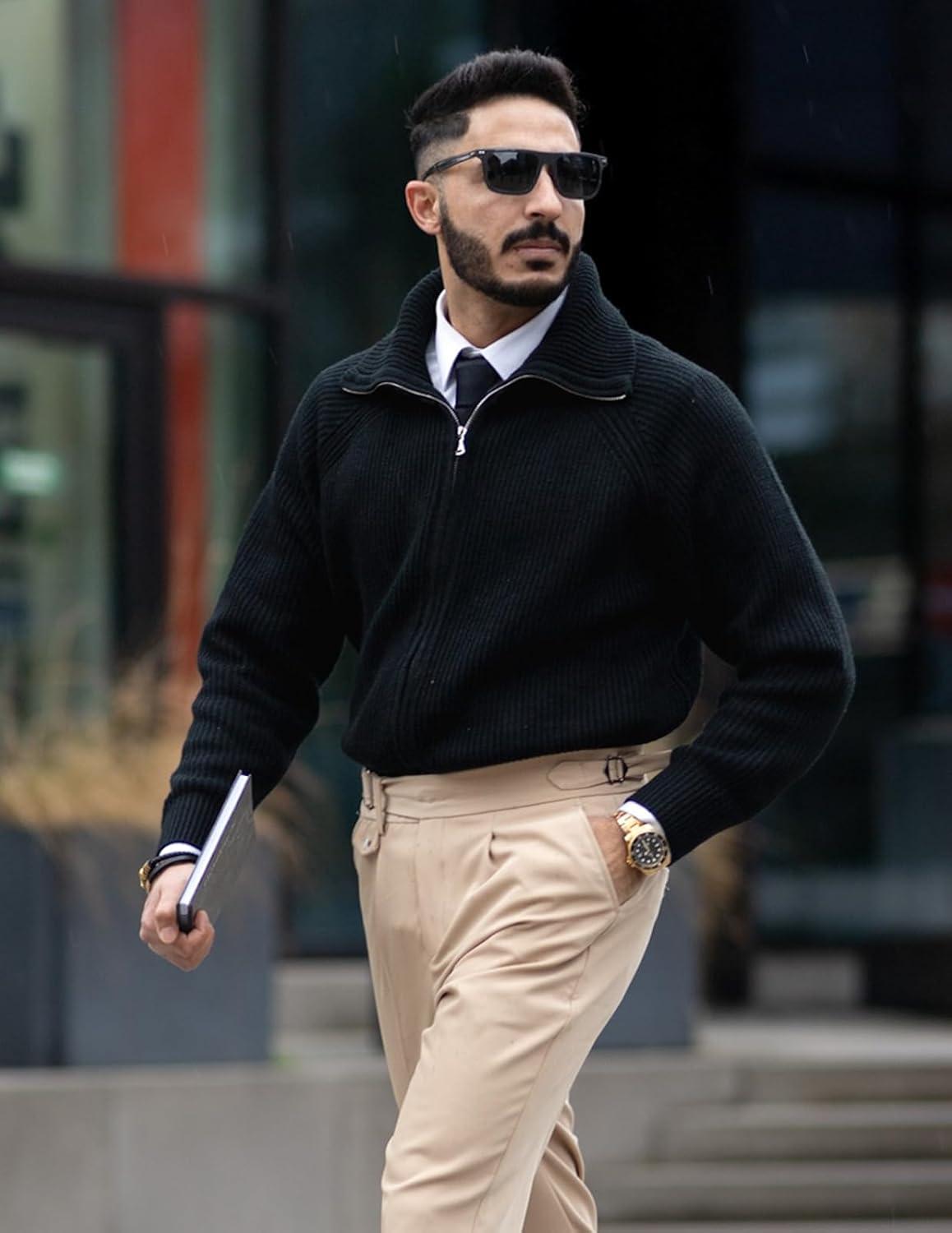 imagePJ PAUL JONES Mens Full Zip Cardigan Sweaters Unisex Relax Fit Lapel Collar Raglan Sleeve Casual Ribbed SweaterBlack