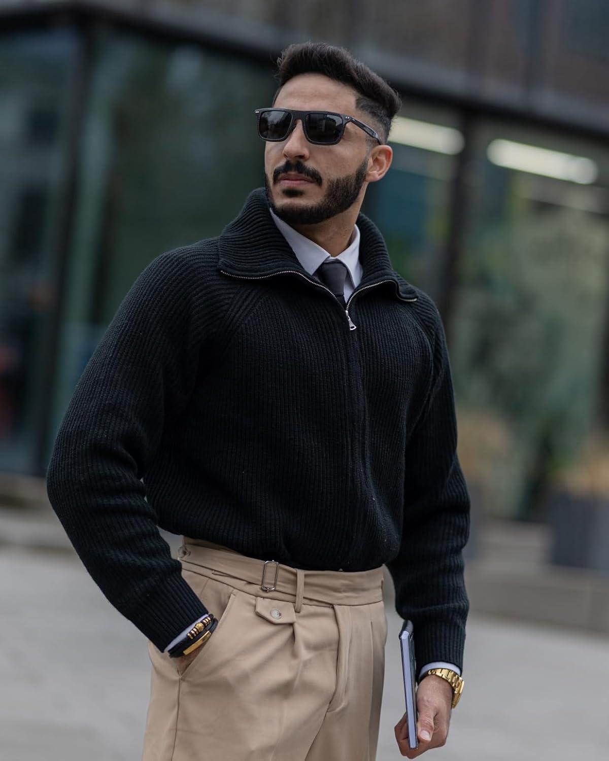 imagePJ PAUL JONES Mens Full Zip Cardigan Sweaters Unisex Relax Fit Lapel Collar Raglan Sleeve Casual Ribbed SweaterBlack