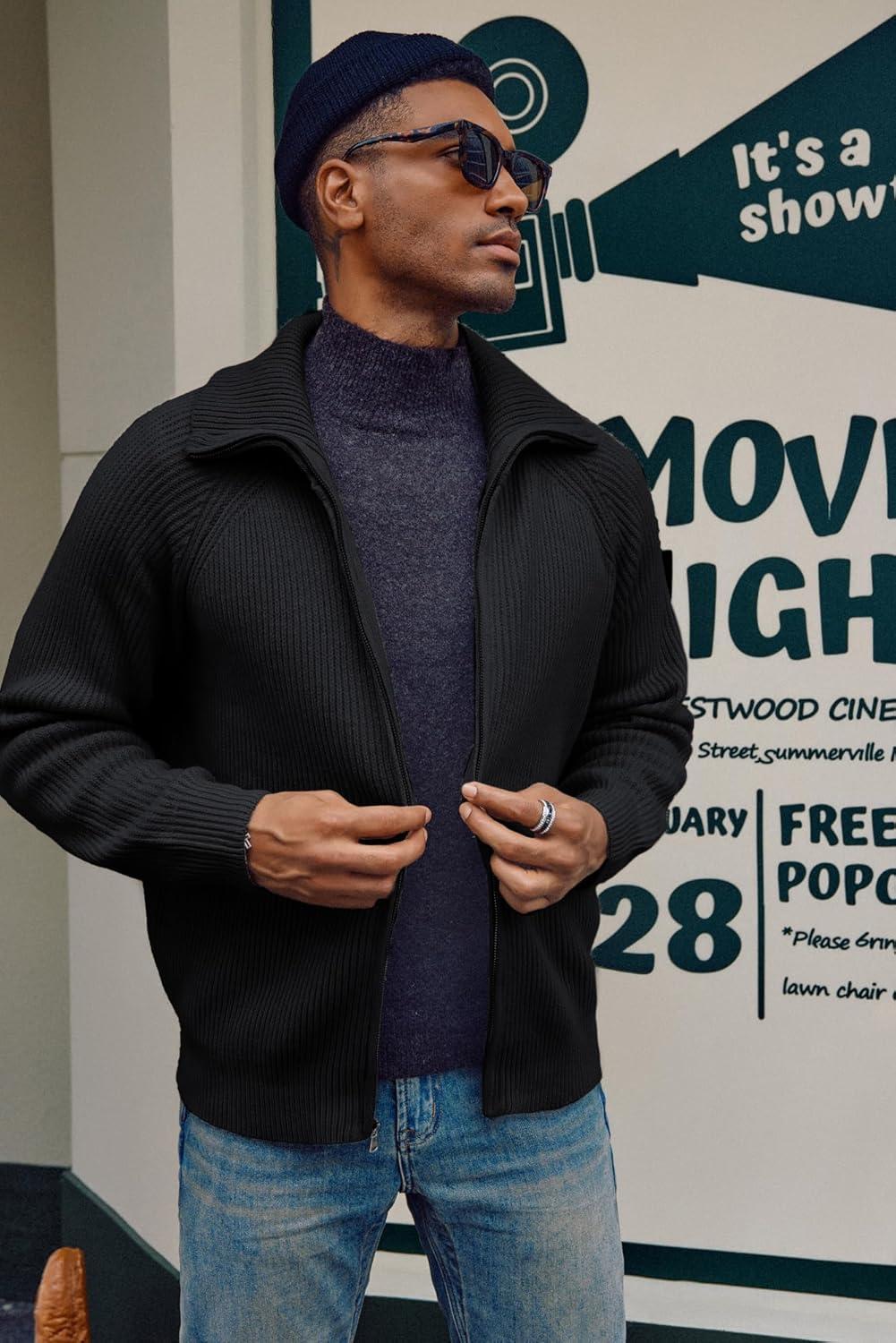 imagePJ PAUL JONES Mens Full Zip Cardigan Sweaters Unisex Relax Fit Lapel Collar Raglan Sleeve Casual Ribbed SweaterBlack