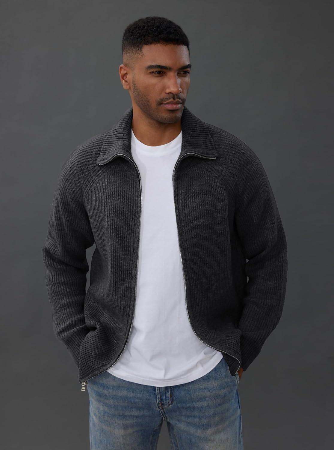 imagePJ PAUL JONES Mens Full Zip Cardigan Sweaters Unisex Relax Fit Lapel Collar Raglan Sleeve Casual Ribbed SweaterBlack Grey
