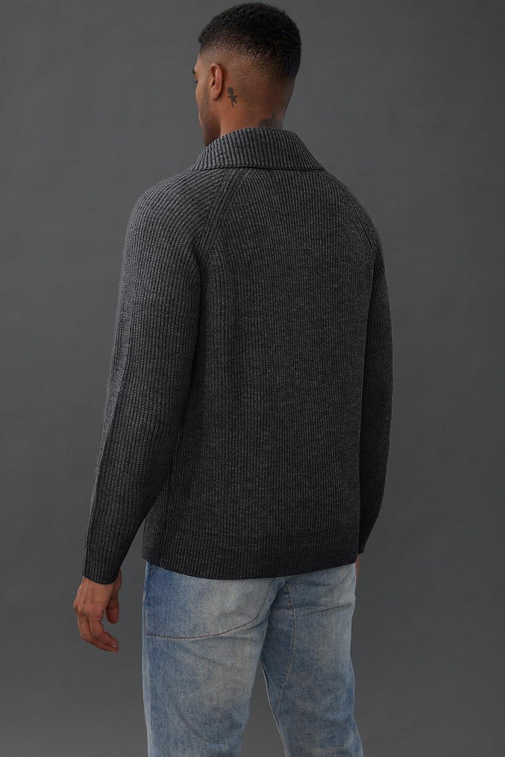 imagePJ PAUL JONES Mens Full Zip Cardigan Sweaters Unisex Relax Fit Lapel Collar Raglan Sleeve Casual Ribbed SweaterBlack Grey