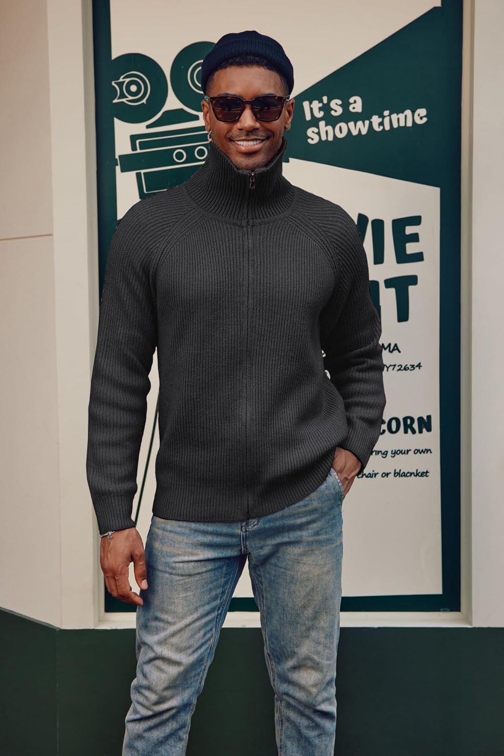 imagePJ PAUL JONES Mens Full Zip Cardigan Sweaters Unisex Relax Fit Lapel Collar Raglan Sleeve Casual Ribbed SweaterBlack Grey