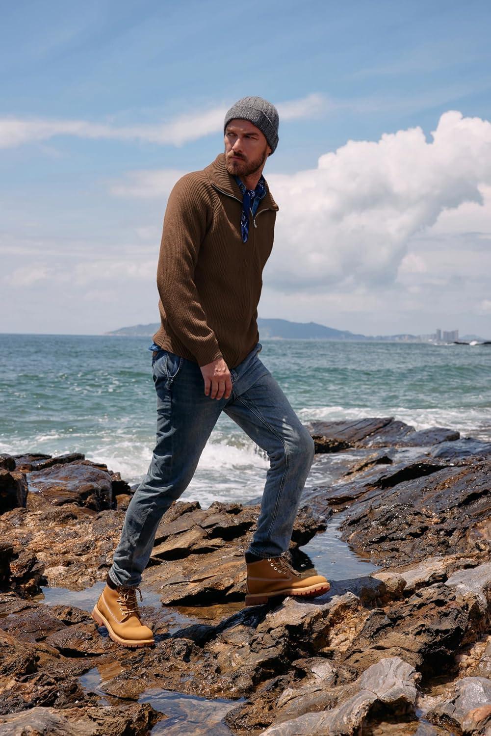 imagePJ PAUL JONES Mens Full Zip Cardigan Sweaters Unisex Relax Fit Lapel Collar Raglan Sleeve Casual Ribbed SweaterBrown