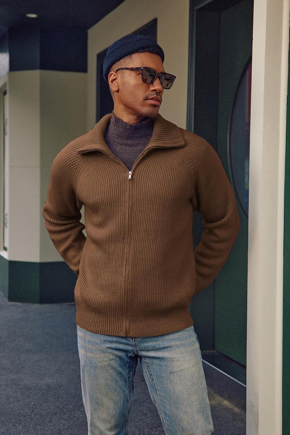 imagePJ PAUL JONES Mens Full Zip Cardigan Sweaters Unisex Relax Fit Lapel Collar Raglan Sleeve Casual Ribbed SweaterBrown