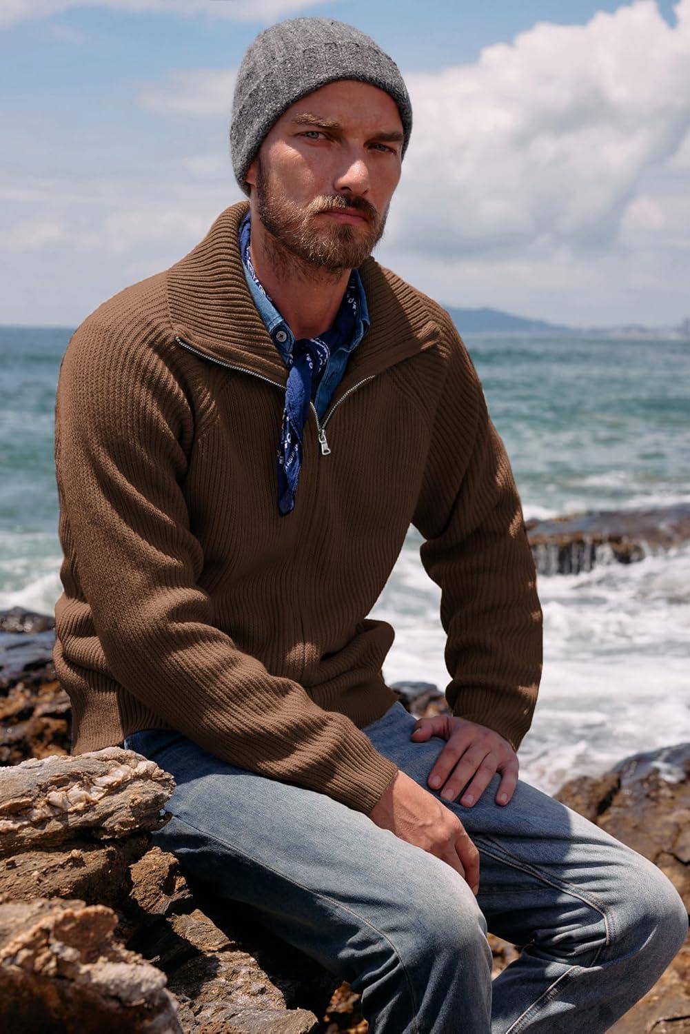 imagePJ PAUL JONES Mens Full Zip Cardigan Sweaters Unisex Relax Fit Lapel Collar Raglan Sleeve Casual Ribbed SweaterBrown