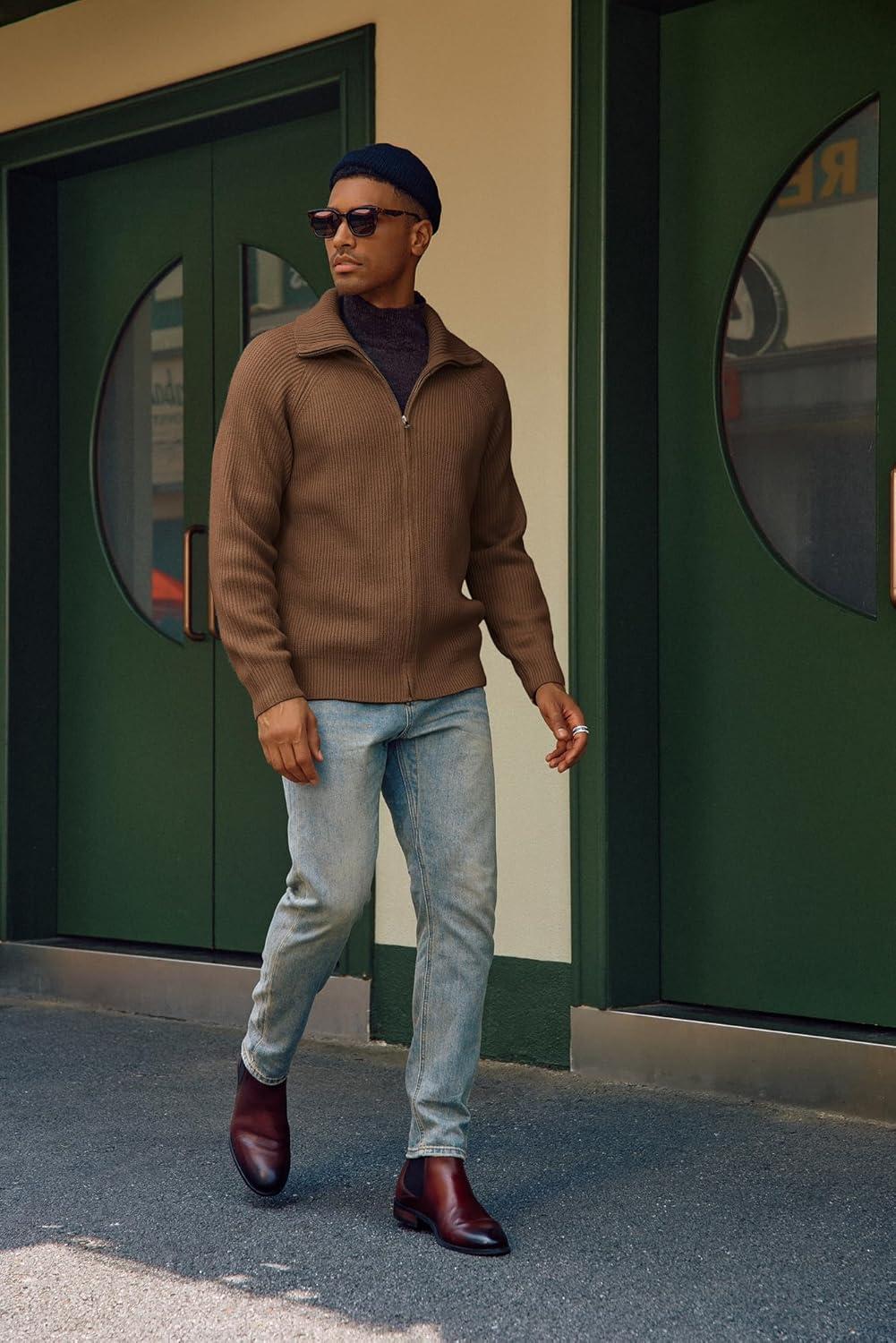 imagePJ PAUL JONES Mens Full Zip Cardigan Sweaters Unisex Relax Fit Lapel Collar Raglan Sleeve Casual Ribbed SweaterBrown