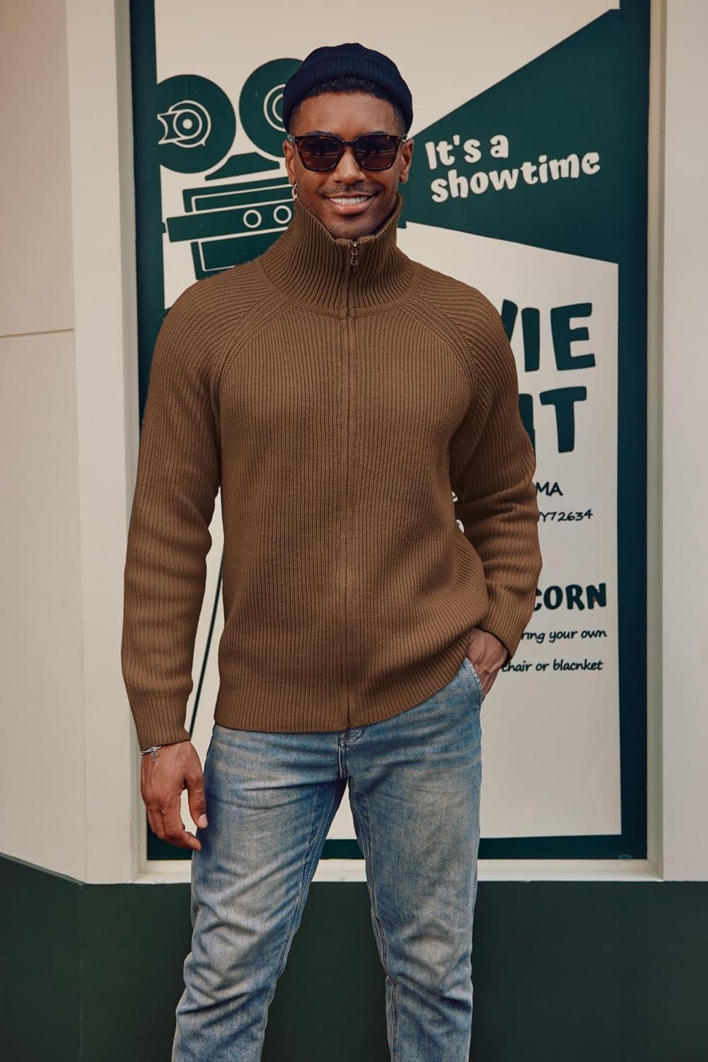 imagePJ PAUL JONES Mens Full Zip Cardigan Sweaters Unisex Relax Fit Lapel Collar Raglan Sleeve Casual Ribbed SweaterBrown