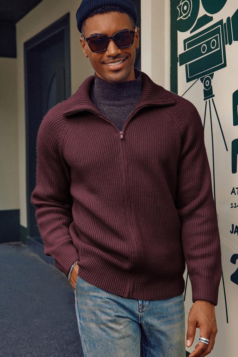 imagePJ PAUL JONES Mens Full Zip Cardigan Sweaters Unisex Relax Fit Lapel Collar Raglan Sleeve Casual Ribbed SweaterBurgundy