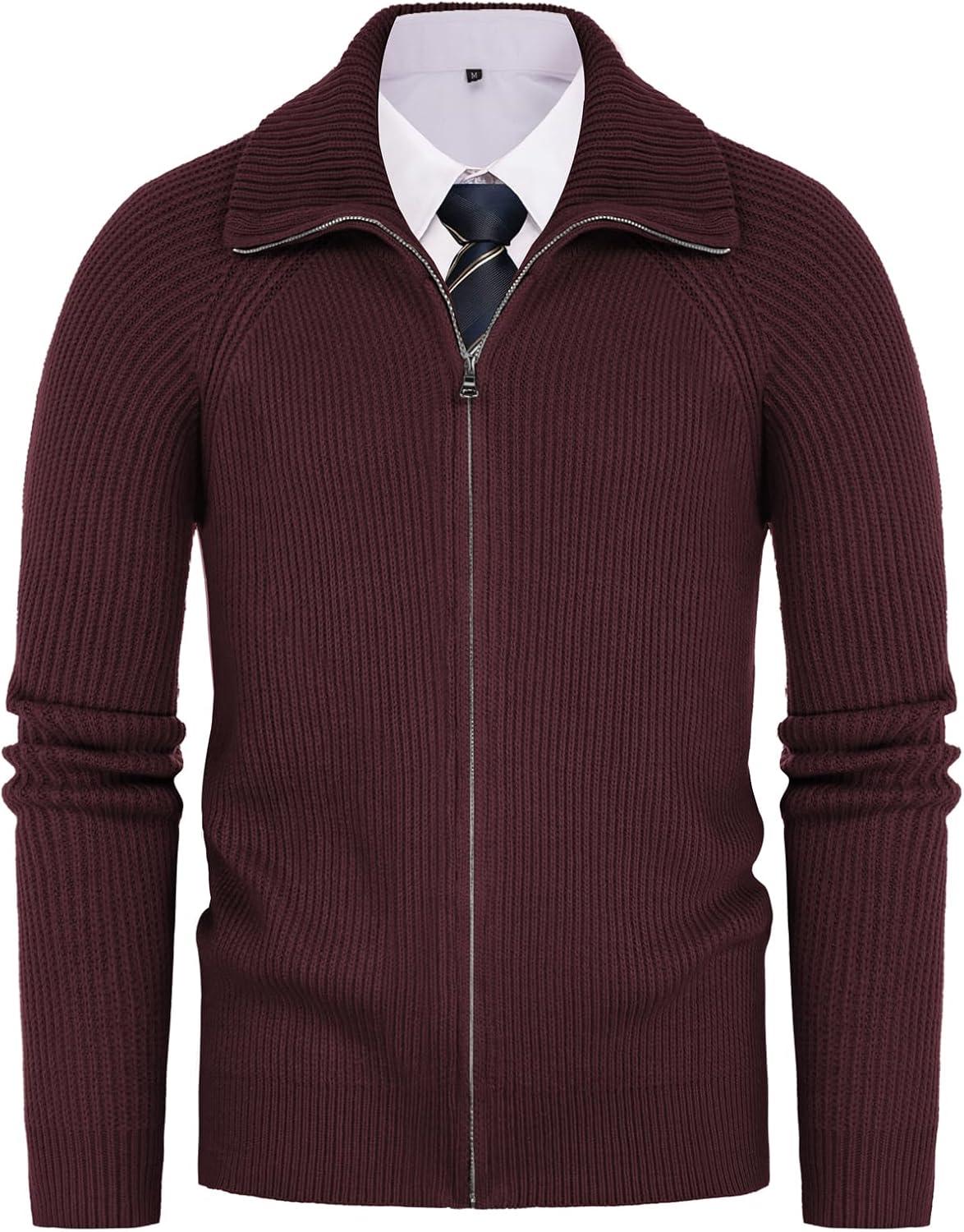 imagePJ PAUL JONES Mens Full Zip Cardigan Sweaters Unisex Relax Fit Lapel Collar Raglan Sleeve Casual Ribbed SweaterBurgundy