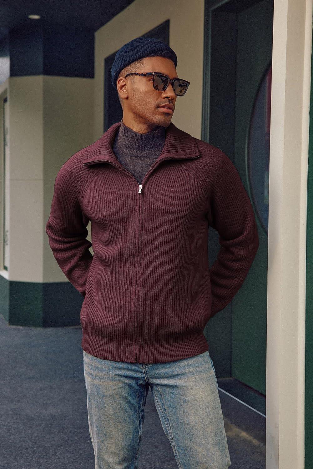 imagePJ PAUL JONES Mens Full Zip Cardigan Sweaters Unisex Relax Fit Lapel Collar Raglan Sleeve Casual Ribbed SweaterBurgundy