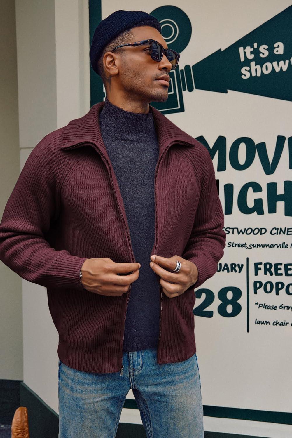 imagePJ PAUL JONES Mens Full Zip Cardigan Sweaters Unisex Relax Fit Lapel Collar Raglan Sleeve Casual Ribbed SweaterBurgundy