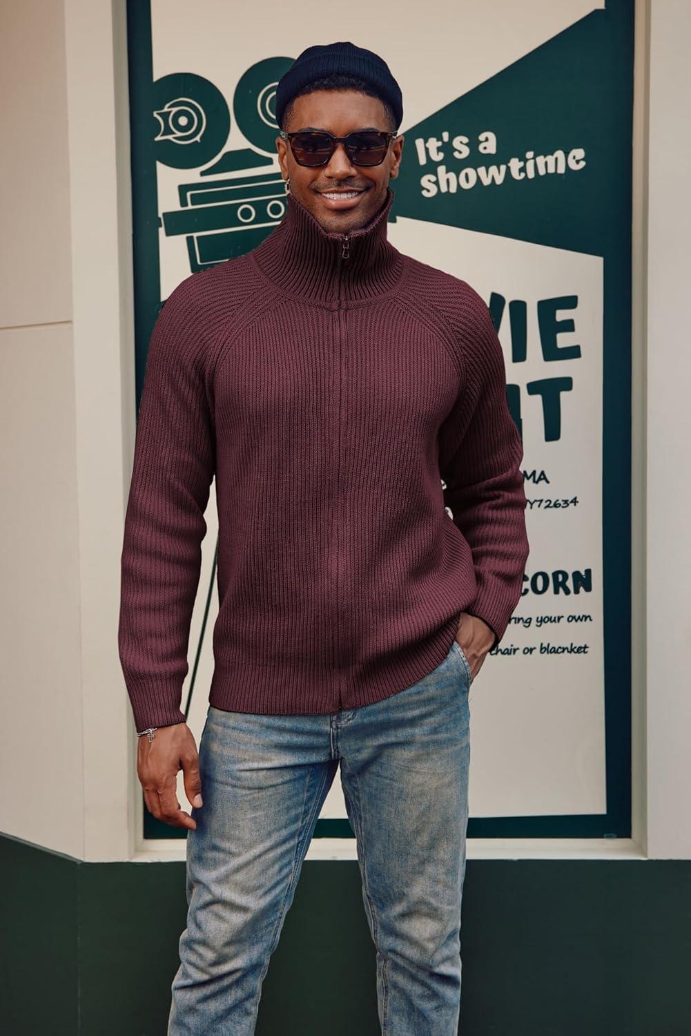 imagePJ PAUL JONES Mens Full Zip Cardigan Sweaters Unisex Relax Fit Lapel Collar Raglan Sleeve Casual Ribbed SweaterBurgundy