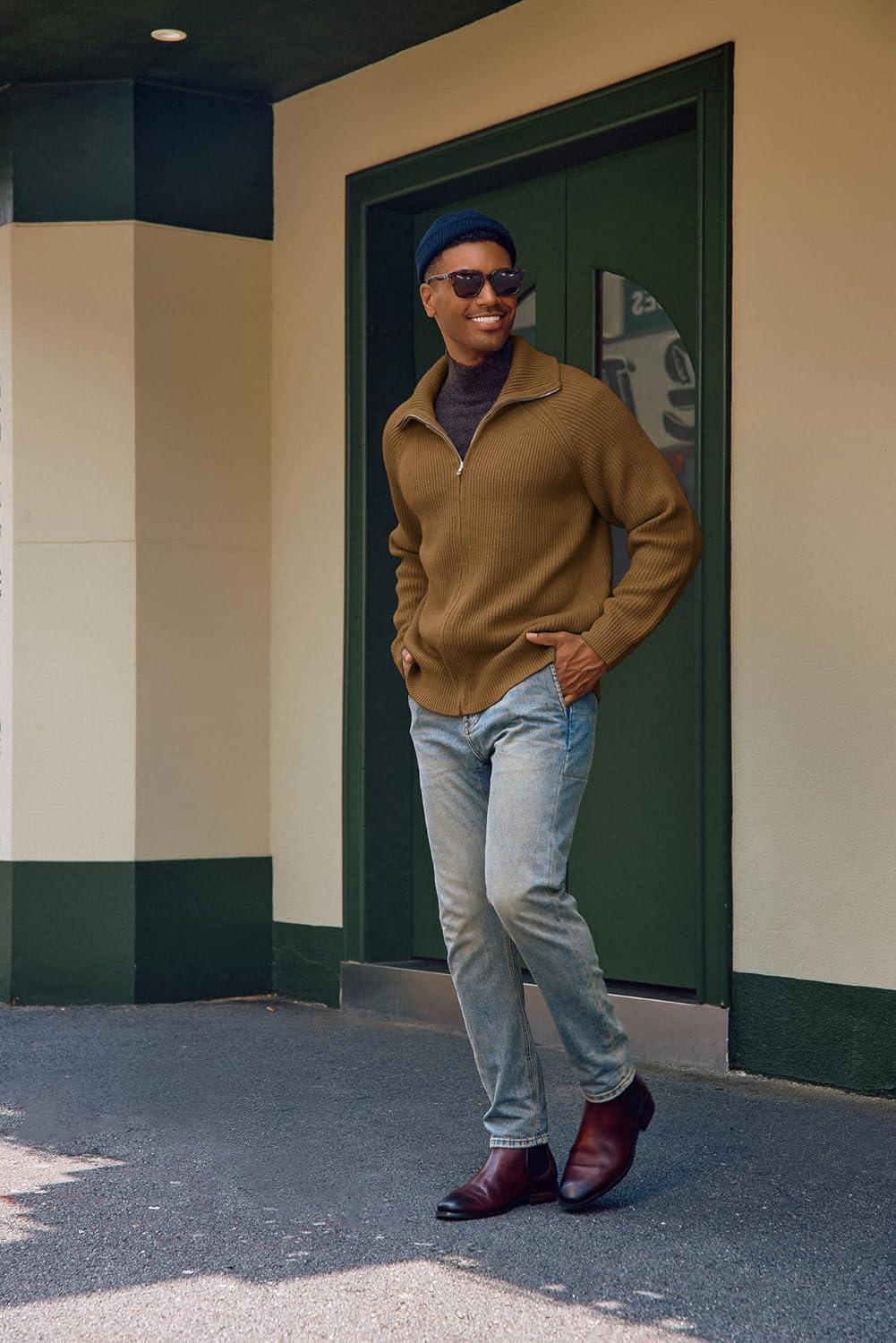 imagePJ PAUL JONES Mens Full Zip Cardigan Sweaters Unisex Relax Fit Lapel Collar Raglan Sleeve Casual Ribbed SweaterCaramel