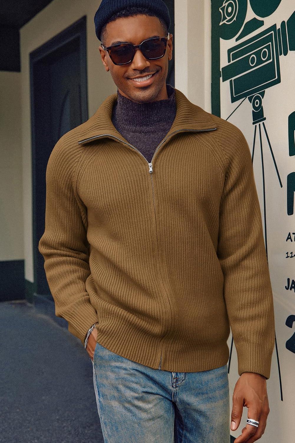 imagePJ PAUL JONES Mens Full Zip Cardigan Sweaters Unisex Relax Fit Lapel Collar Raglan Sleeve Casual Ribbed SweaterCaramel