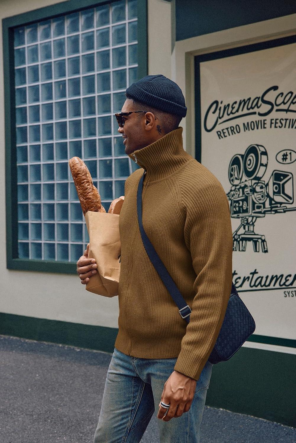 imagePJ PAUL JONES Mens Full Zip Cardigan Sweaters Unisex Relax Fit Lapel Collar Raglan Sleeve Casual Ribbed SweaterCaramel