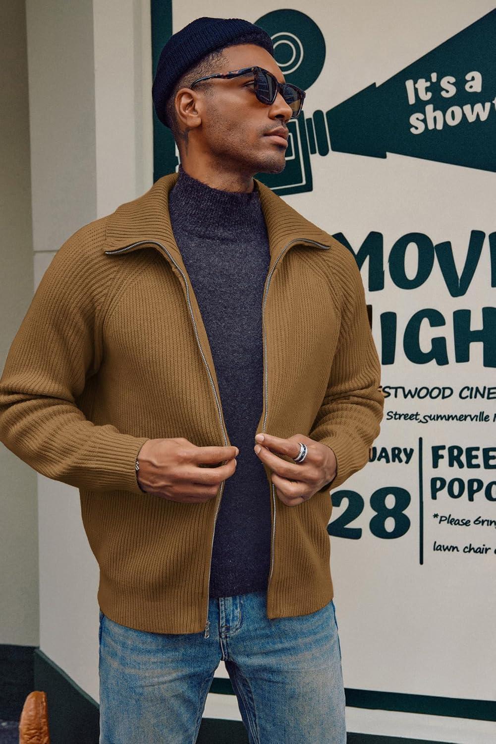 imagePJ PAUL JONES Mens Full Zip Cardigan Sweaters Unisex Relax Fit Lapel Collar Raglan Sleeve Casual Ribbed SweaterCaramel