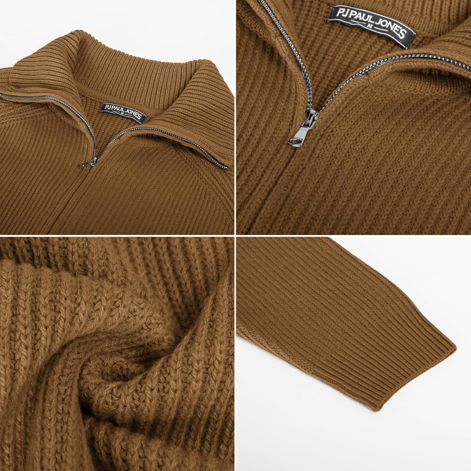 imagePJ PAUL JONES Mens Full Zip Cardigan Sweaters Unisex Relax Fit Lapel Collar Raglan Sleeve Casual Ribbed SweaterCaramel