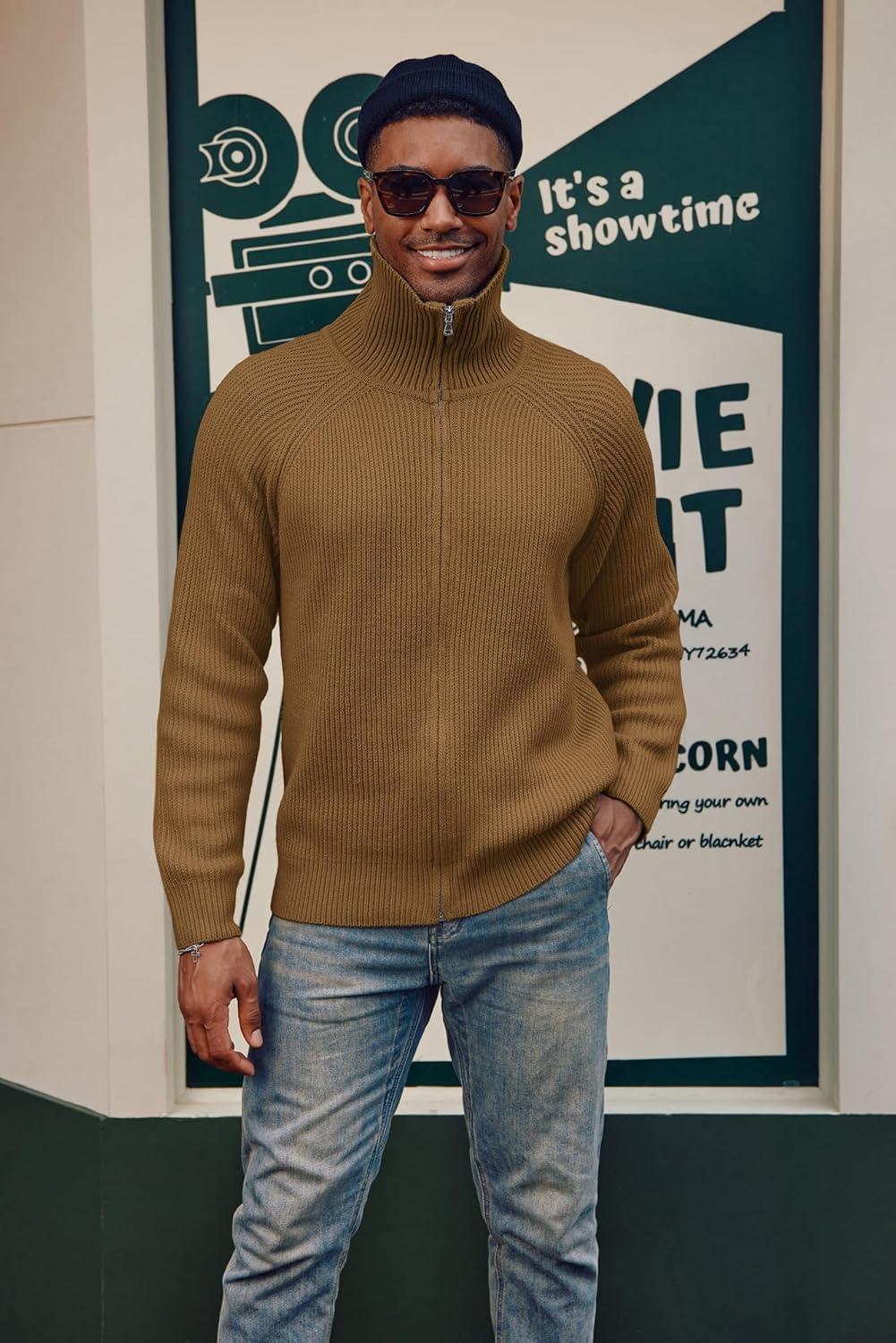 imagePJ PAUL JONES Mens Full Zip Cardigan Sweaters Unisex Relax Fit Lapel Collar Raglan Sleeve Casual Ribbed SweaterCaramel