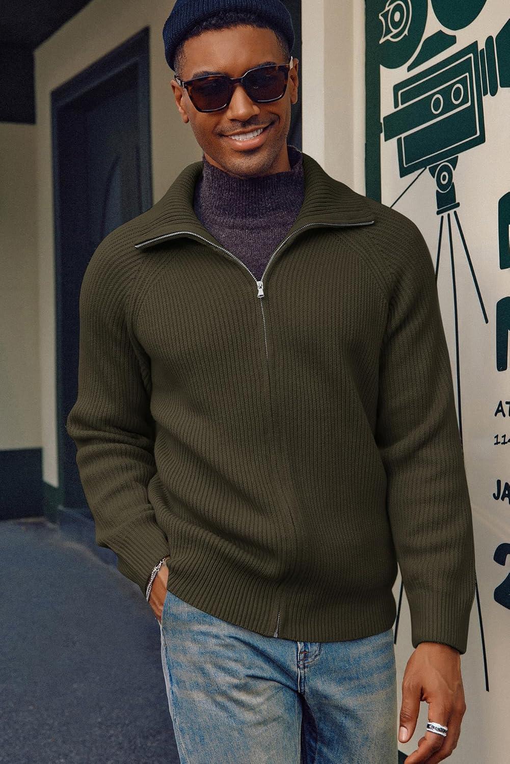 imagePJ PAUL JONES Mens Full Zip Cardigan Sweaters Unisex Relax Fit Lapel Collar Raglan Sleeve Casual Ribbed SweaterDark Green