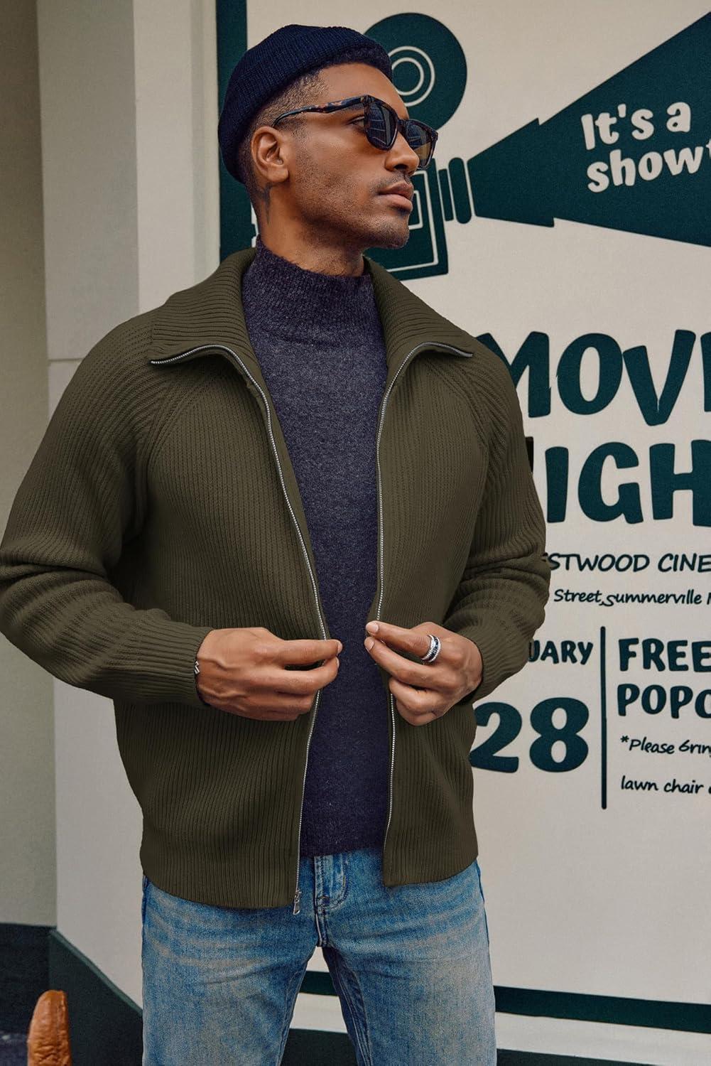 imagePJ PAUL JONES Mens Full Zip Cardigan Sweaters Unisex Relax Fit Lapel Collar Raglan Sleeve Casual Ribbed SweaterDark Green