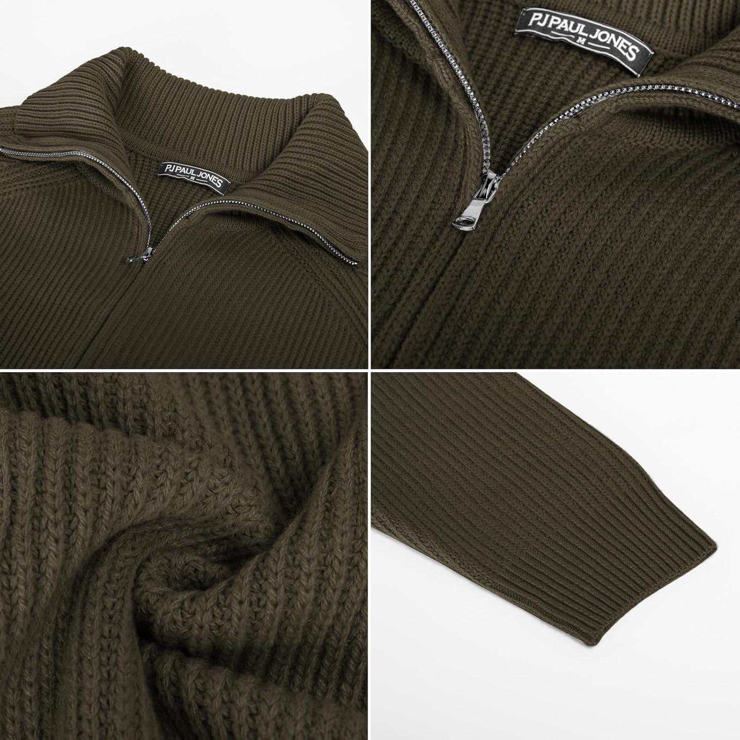imagePJ PAUL JONES Mens Full Zip Cardigan Sweaters Unisex Relax Fit Lapel Collar Raglan Sleeve Casual Ribbed SweaterDark Green