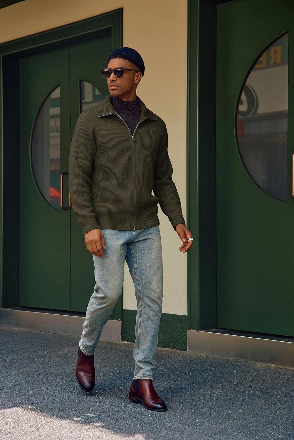 imagePJ PAUL JONES Mens Full Zip Cardigan Sweaters Unisex Relax Fit Lapel Collar Raglan Sleeve Casual Ribbed SweaterDark Green