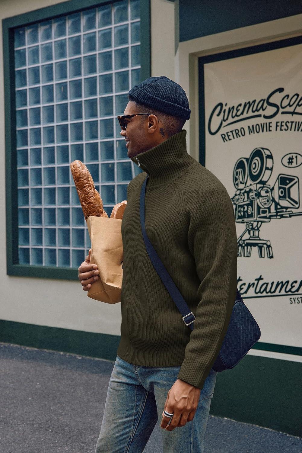 imagePJ PAUL JONES Mens Full Zip Cardigan Sweaters Unisex Relax Fit Lapel Collar Raglan Sleeve Casual Ribbed SweaterDark Green