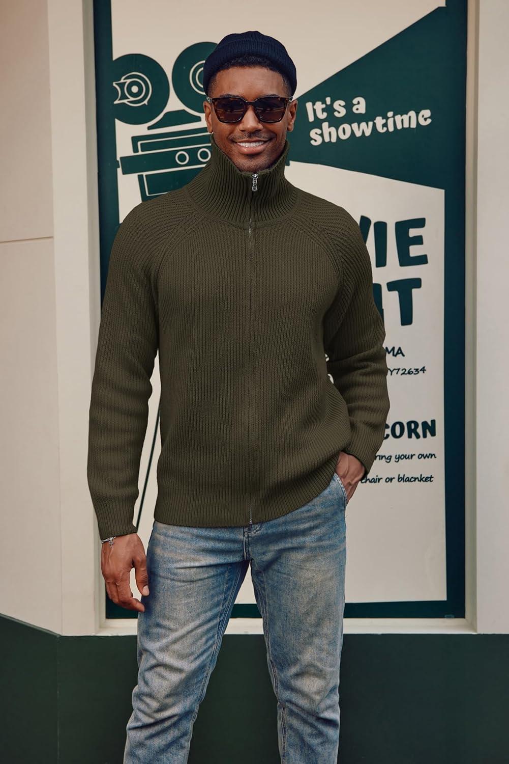 imagePJ PAUL JONES Mens Full Zip Cardigan Sweaters Unisex Relax Fit Lapel Collar Raglan Sleeve Casual Ribbed SweaterDark Green