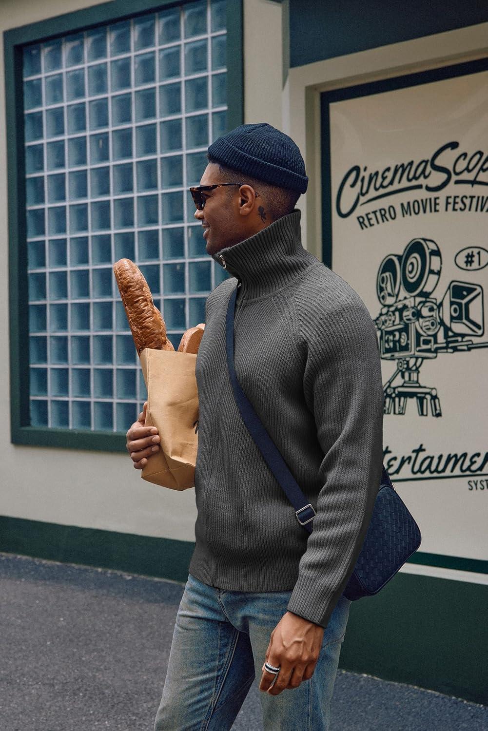 imagePJ PAUL JONES Mens Full Zip Cardigan Sweaters Unisex Relax Fit Lapel Collar Raglan Sleeve Casual Ribbed SweaterDark Grey