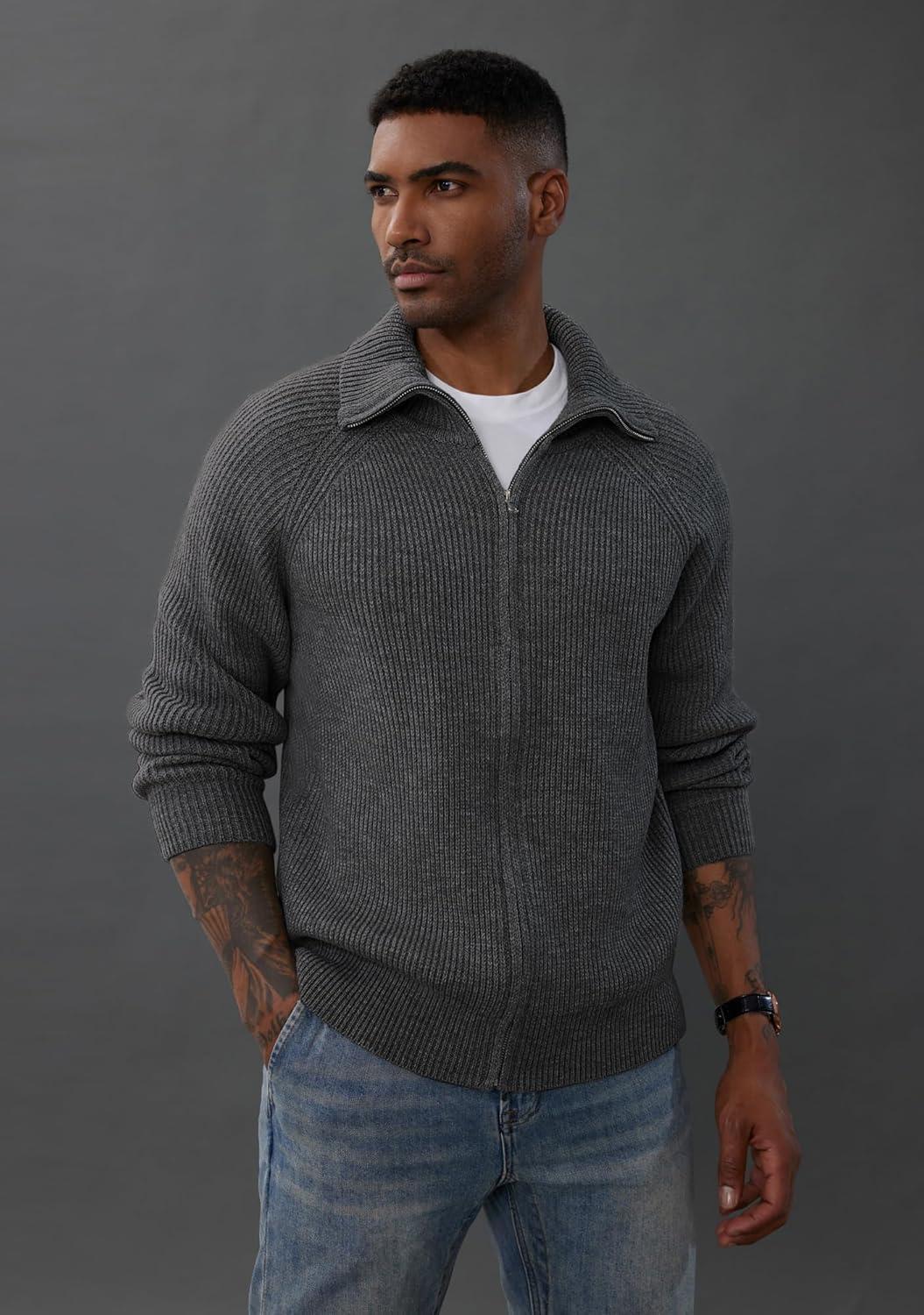 imagePJ PAUL JONES Mens Full Zip Cardigan Sweaters Unisex Relax Fit Lapel Collar Raglan Sleeve Casual Ribbed SweaterDark Grey