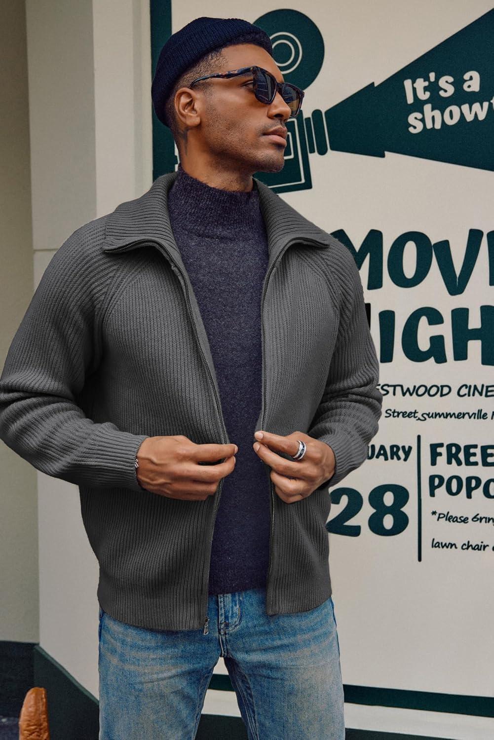 imagePJ PAUL JONES Mens Full Zip Cardigan Sweaters Unisex Relax Fit Lapel Collar Raglan Sleeve Casual Ribbed SweaterDark Grey