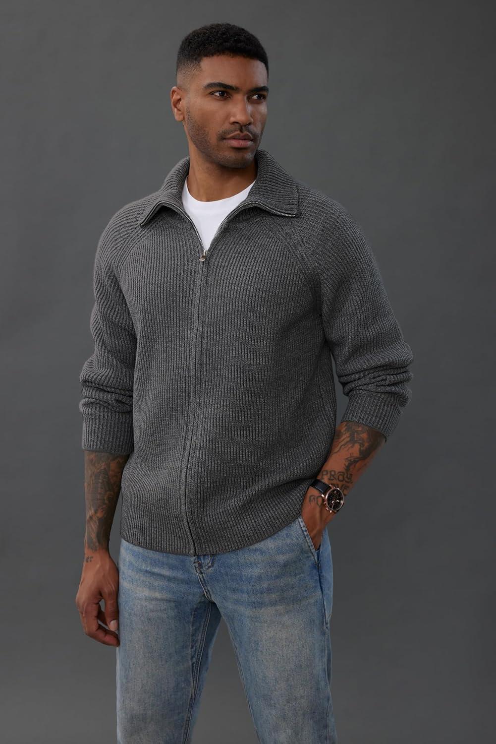 imagePJ PAUL JONES Mens Full Zip Cardigan Sweaters Unisex Relax Fit Lapel Collar Raglan Sleeve Casual Ribbed SweaterDark Grey