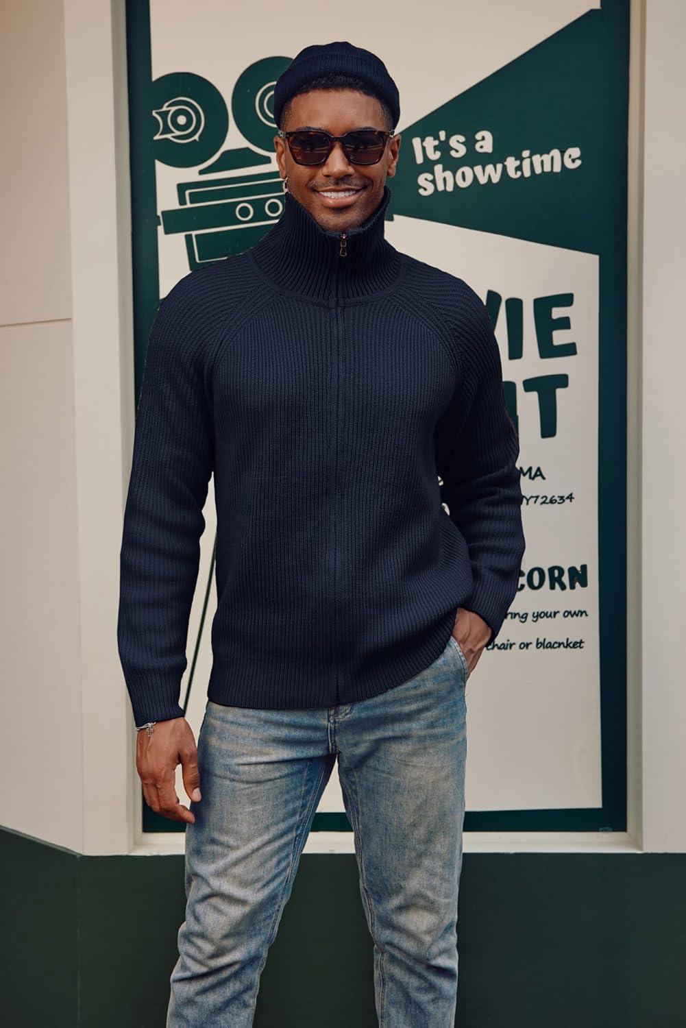 imagePJ PAUL JONES Mens Full Zip Cardigan Sweaters Unisex Relax Fit Lapel Collar Raglan Sleeve Casual Ribbed SweaterDark Navy