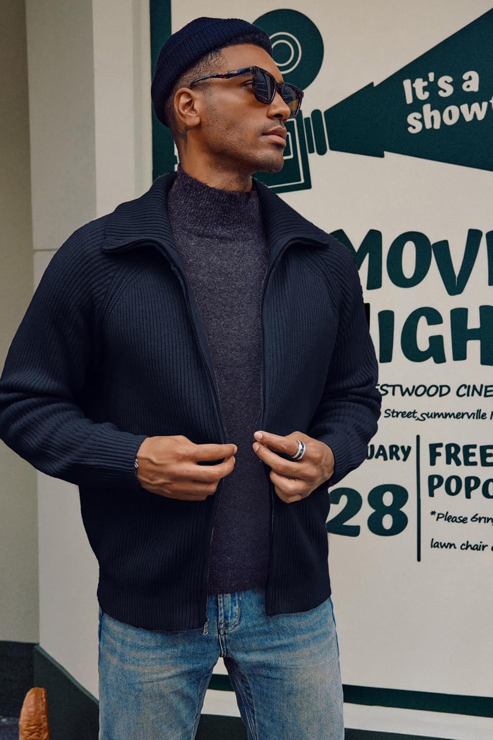 imagePJ PAUL JONES Mens Full Zip Cardigan Sweaters Unisex Relax Fit Lapel Collar Raglan Sleeve Casual Ribbed SweaterDark Navy