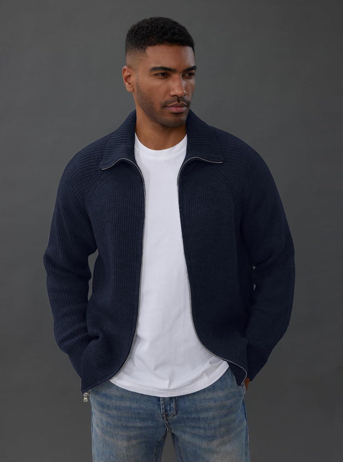 imagePJ PAUL JONES Mens Full Zip Cardigan Sweaters Unisex Relax Fit Lapel Collar Raglan Sleeve Casual Ribbed SweaterDark Navy