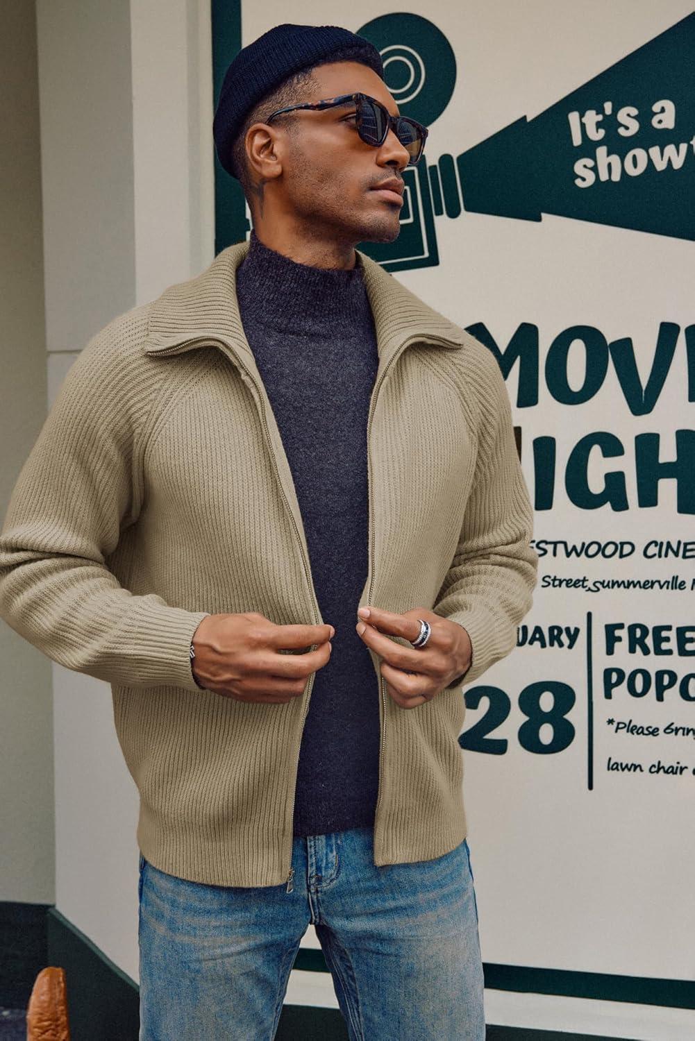 imagePJ PAUL JONES Mens Full Zip Cardigan Sweaters Unisex Relax Fit Lapel Collar Raglan Sleeve Casual Ribbed SweaterKhaki