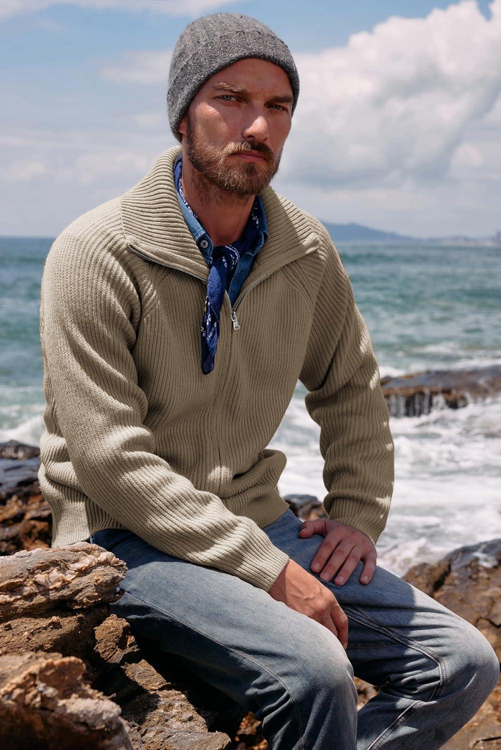 imagePJ PAUL JONES Mens Full Zip Cardigan Sweaters Unisex Relax Fit Lapel Collar Raglan Sleeve Casual Ribbed SweaterKhaki