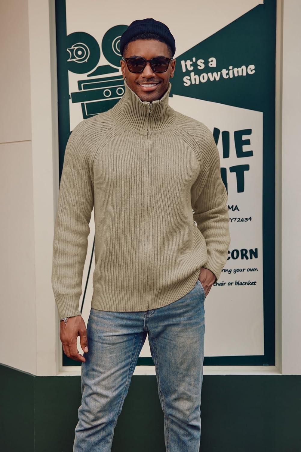 imagePJ PAUL JONES Mens Full Zip Cardigan Sweaters Unisex Relax Fit Lapel Collar Raglan Sleeve Casual Ribbed SweaterKhaki