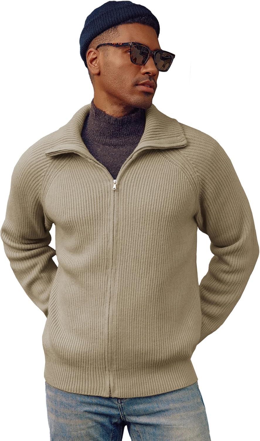 imagePJ PAUL JONES Mens Full Zip Cardigan Sweaters Unisex Relax Fit Lapel Collar Raglan Sleeve Casual Ribbed SweaterKhaki