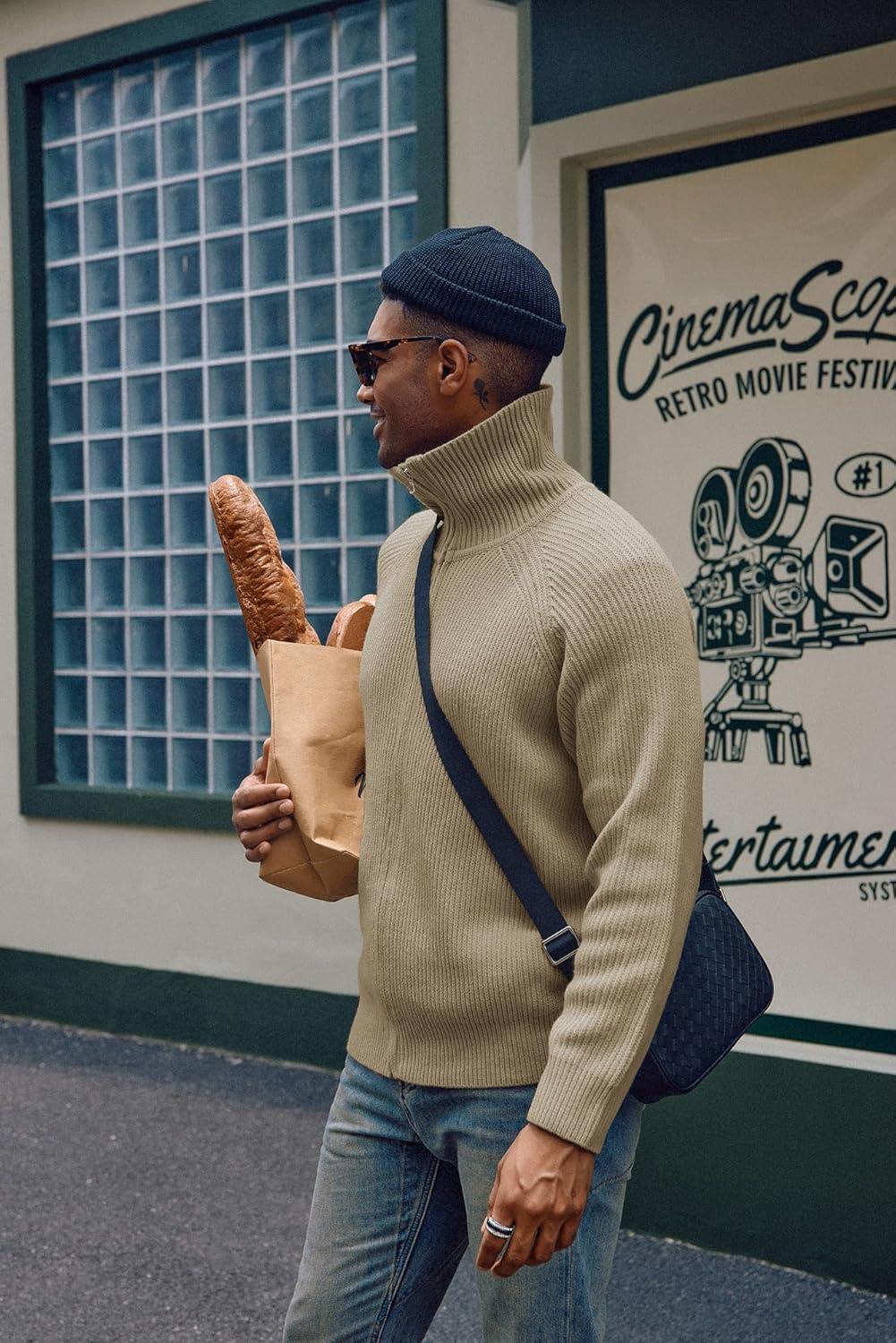 imagePJ PAUL JONES Mens Full Zip Cardigan Sweaters Unisex Relax Fit Lapel Collar Raglan Sleeve Casual Ribbed SweaterKhaki