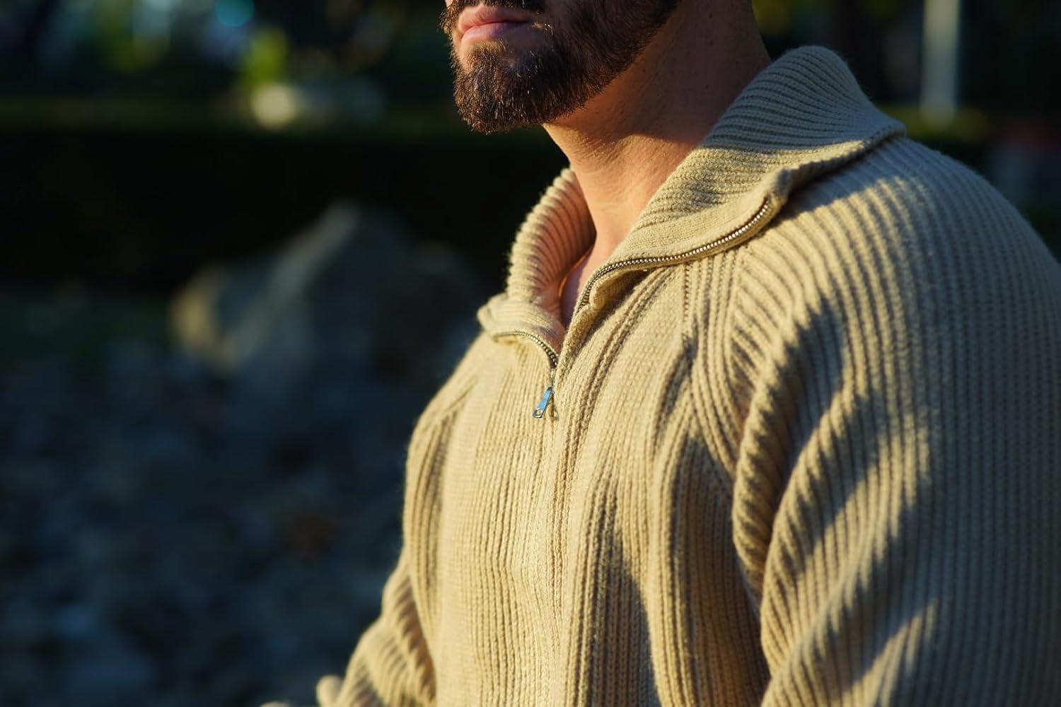 imagePJ PAUL JONES Mens Full Zip Cardigan Sweaters Unisex Relax Fit Lapel Collar Raglan Sleeve Casual Ribbed SweaterKhaki