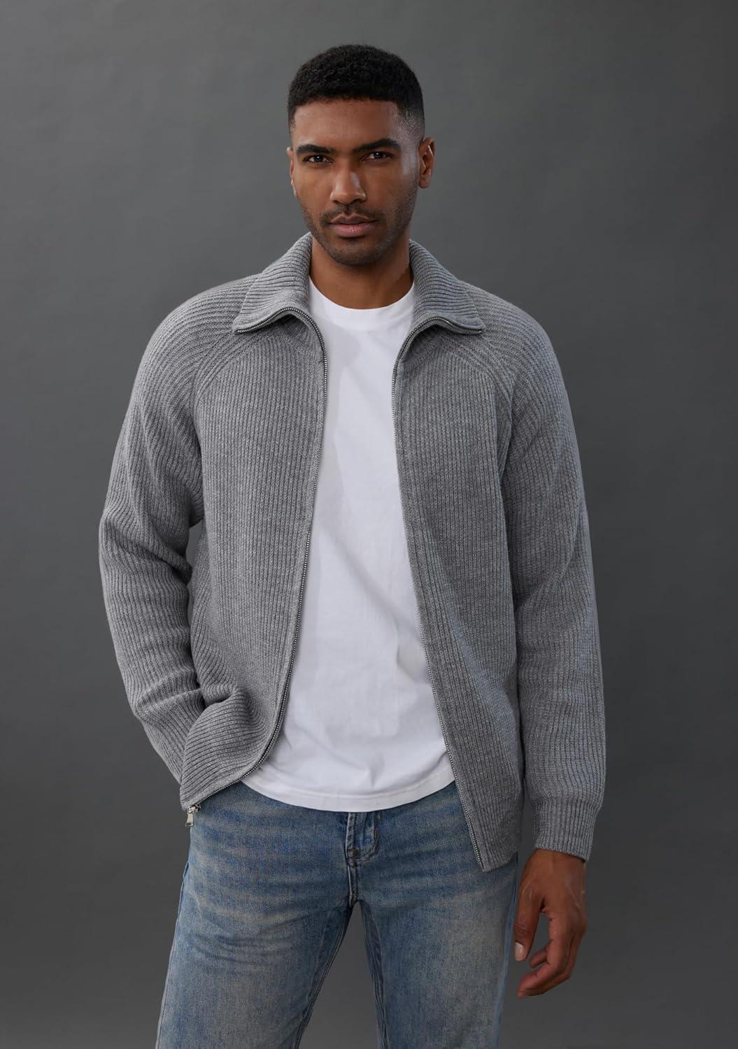 imagePJ PAUL JONES Mens Full Zip Cardigan Sweaters Unisex Relax Fit Lapel Collar Raglan Sleeve Casual Ribbed SweaterLight Grey