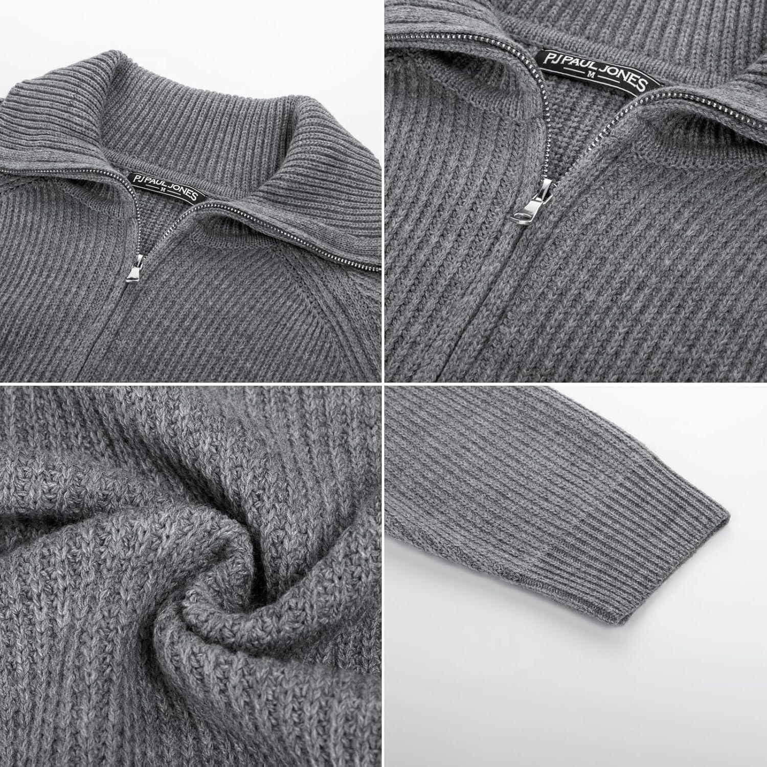 imagePJ PAUL JONES Mens Full Zip Cardigan Sweaters Unisex Relax Fit Lapel Collar Raglan Sleeve Casual Ribbed SweaterLight Grey