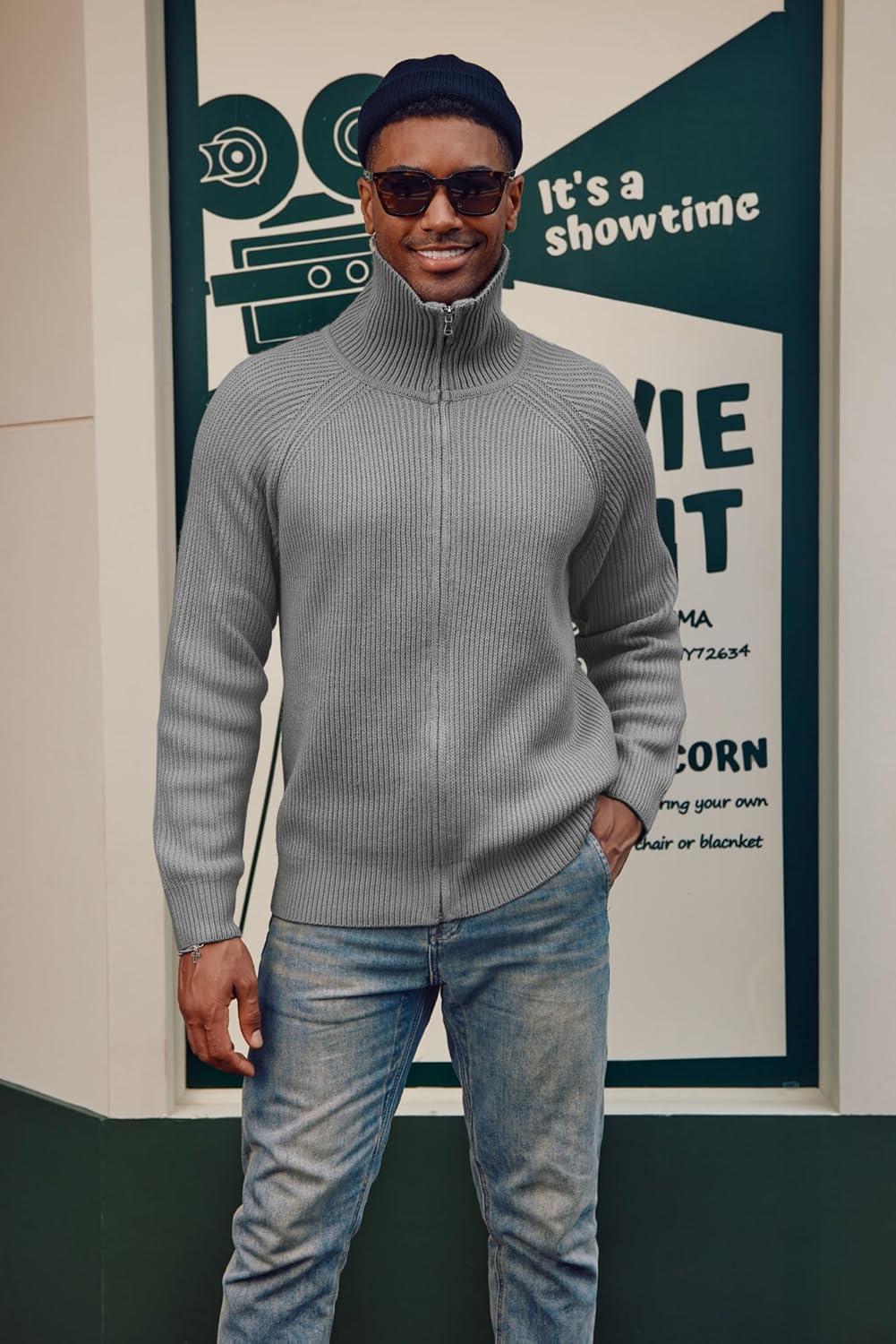 imagePJ PAUL JONES Mens Full Zip Cardigan Sweaters Unisex Relax Fit Lapel Collar Raglan Sleeve Casual Ribbed SweaterLight Grey