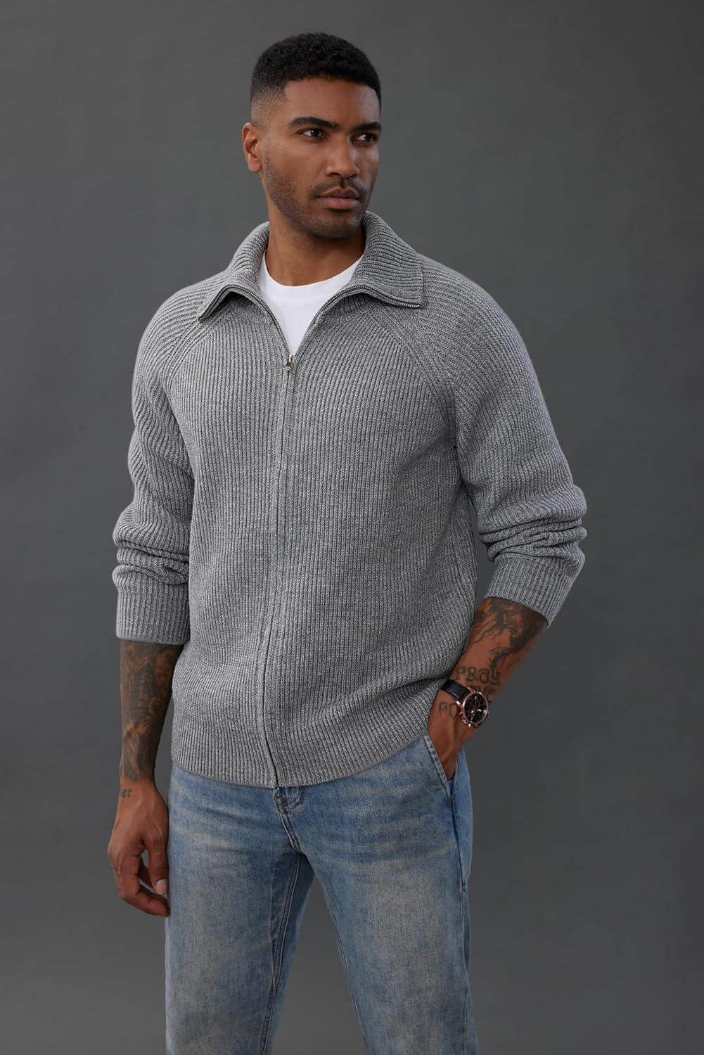 imagePJ PAUL JONES Mens Full Zip Cardigan Sweaters Unisex Relax Fit Lapel Collar Raglan Sleeve Casual Ribbed SweaterLight Grey